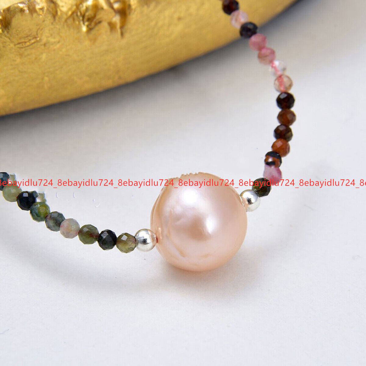 Natural 3mm Faceted Multicolor Tourmaline Round Gems Pink Pearl Pendant Necklace