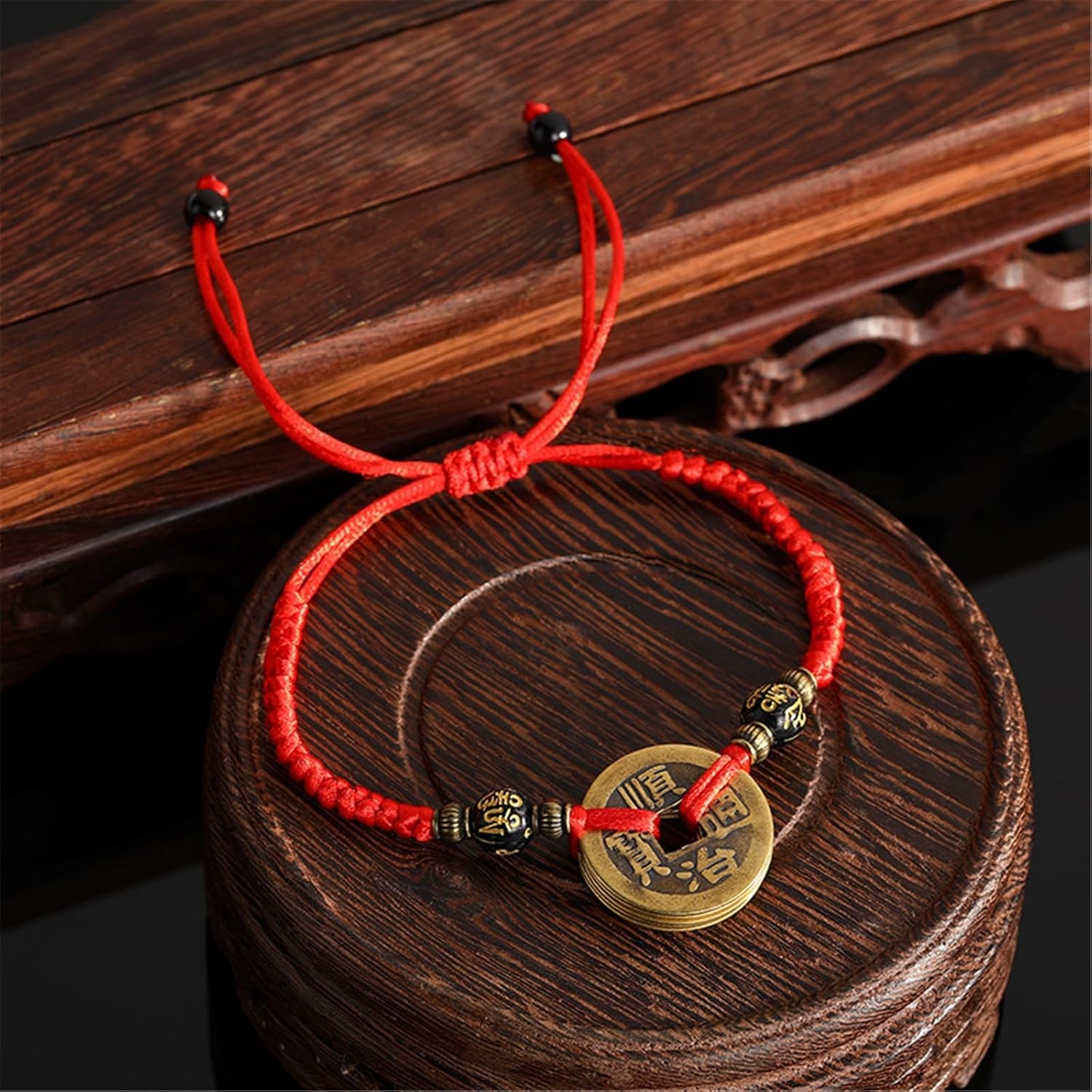 Feng Shui Lucky Bracelet Set 2Pcs Red String Copper Coin Handmade Adjustable