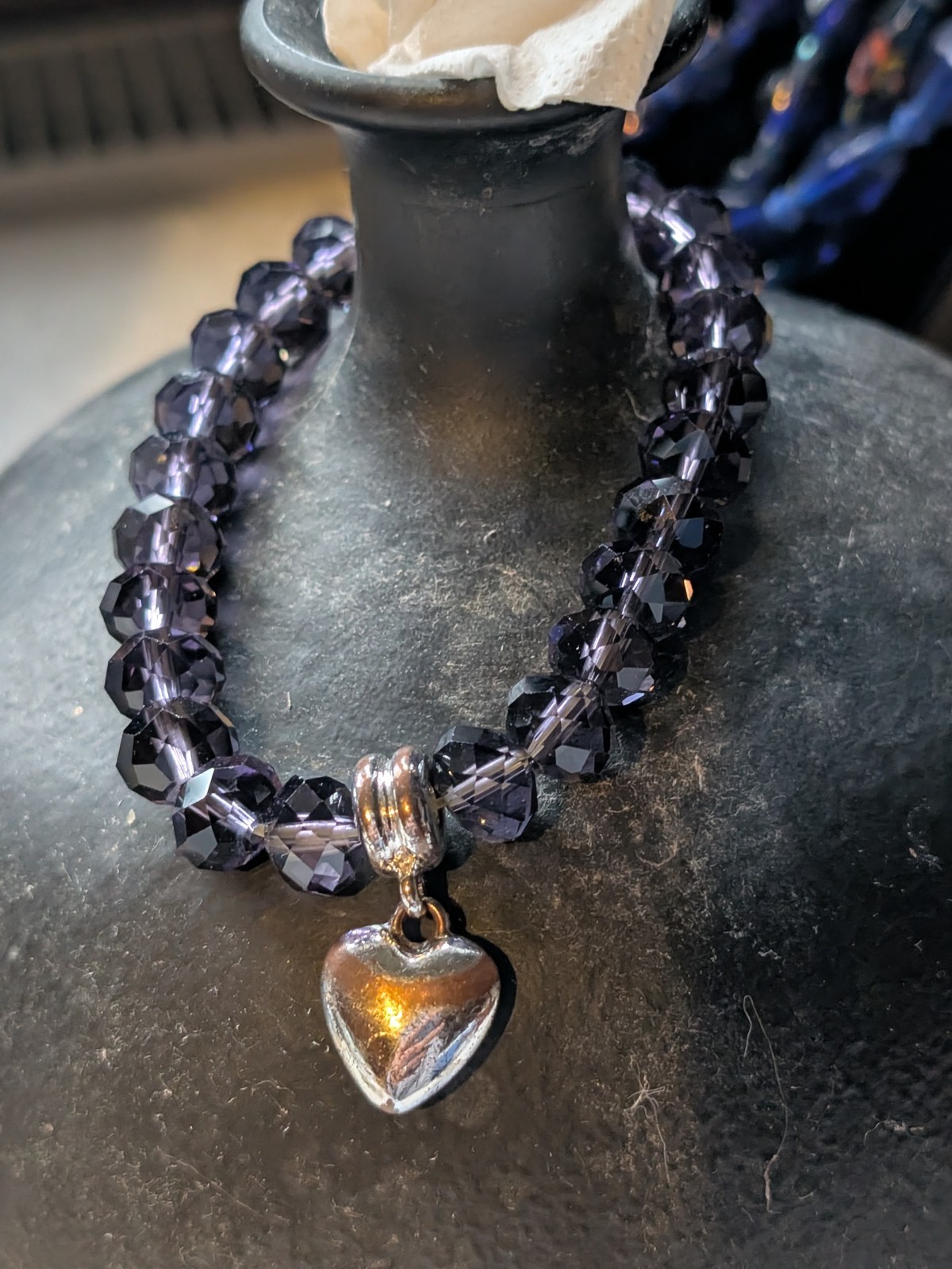 Purple Crystal Elasticated Faux Amethyst Bracelet 30g Love Heart Charm New/ Box