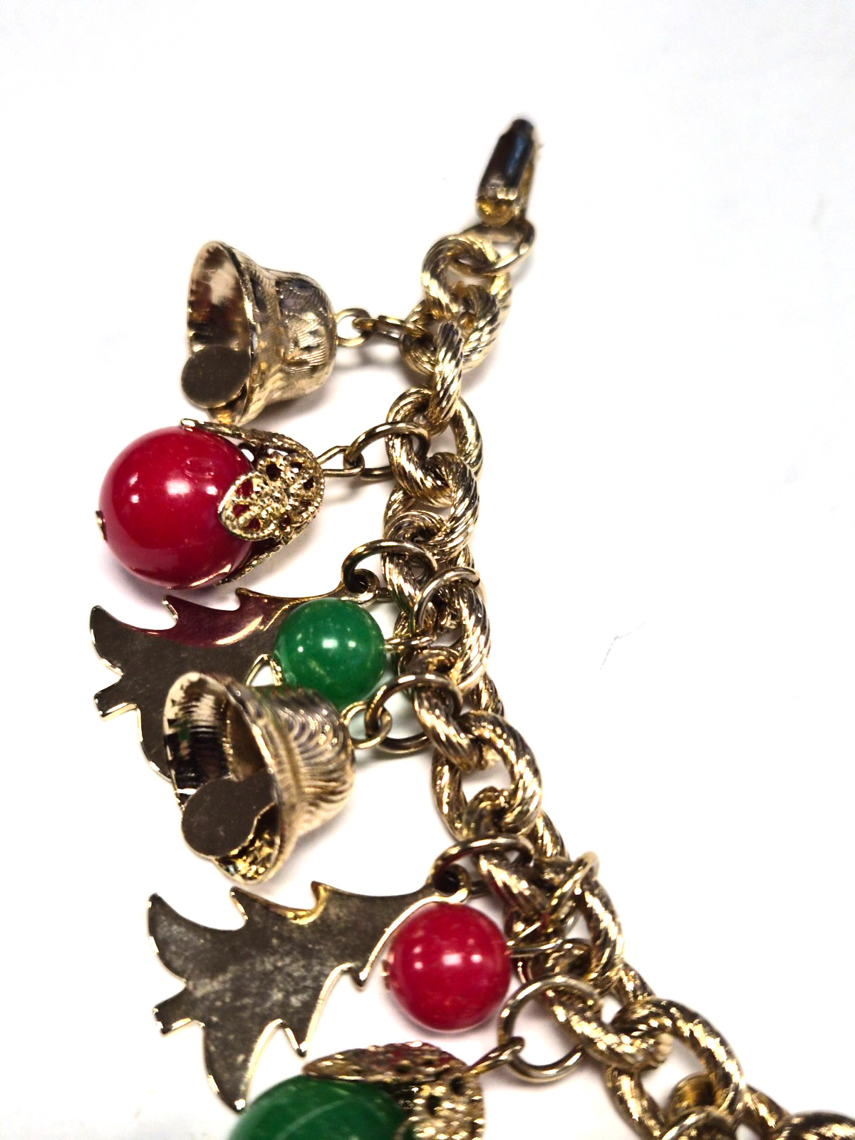 Vintage 70’s Christmas Holiday Bells Charm Dangle Red & Green Link 6.5″ Bracelet