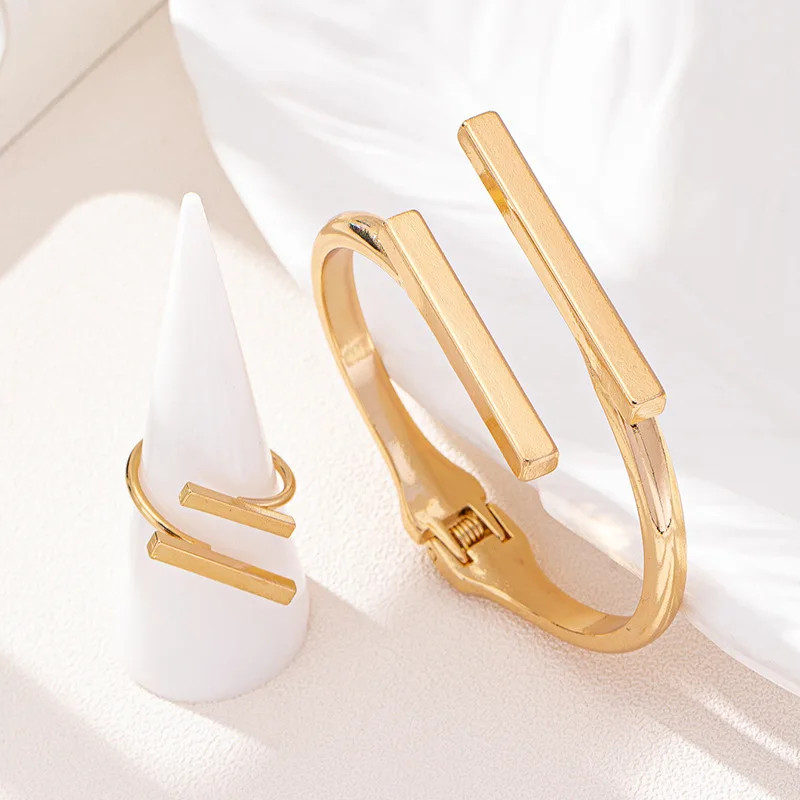 Bracelet Ring Set Geometric Open Stainless Steel Women Accessories Jewelry