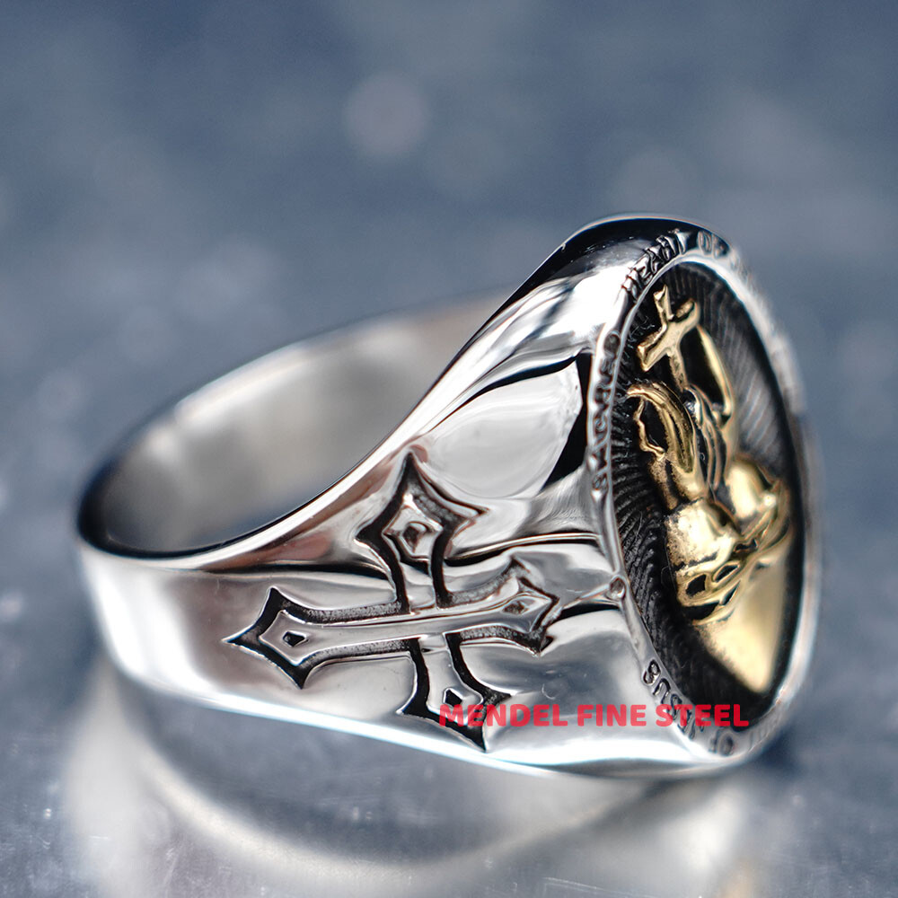 MENDEL Gold Plated Mens Catholic Sacred Heart Of Jesus Cross Ring Size 7 8 9-15