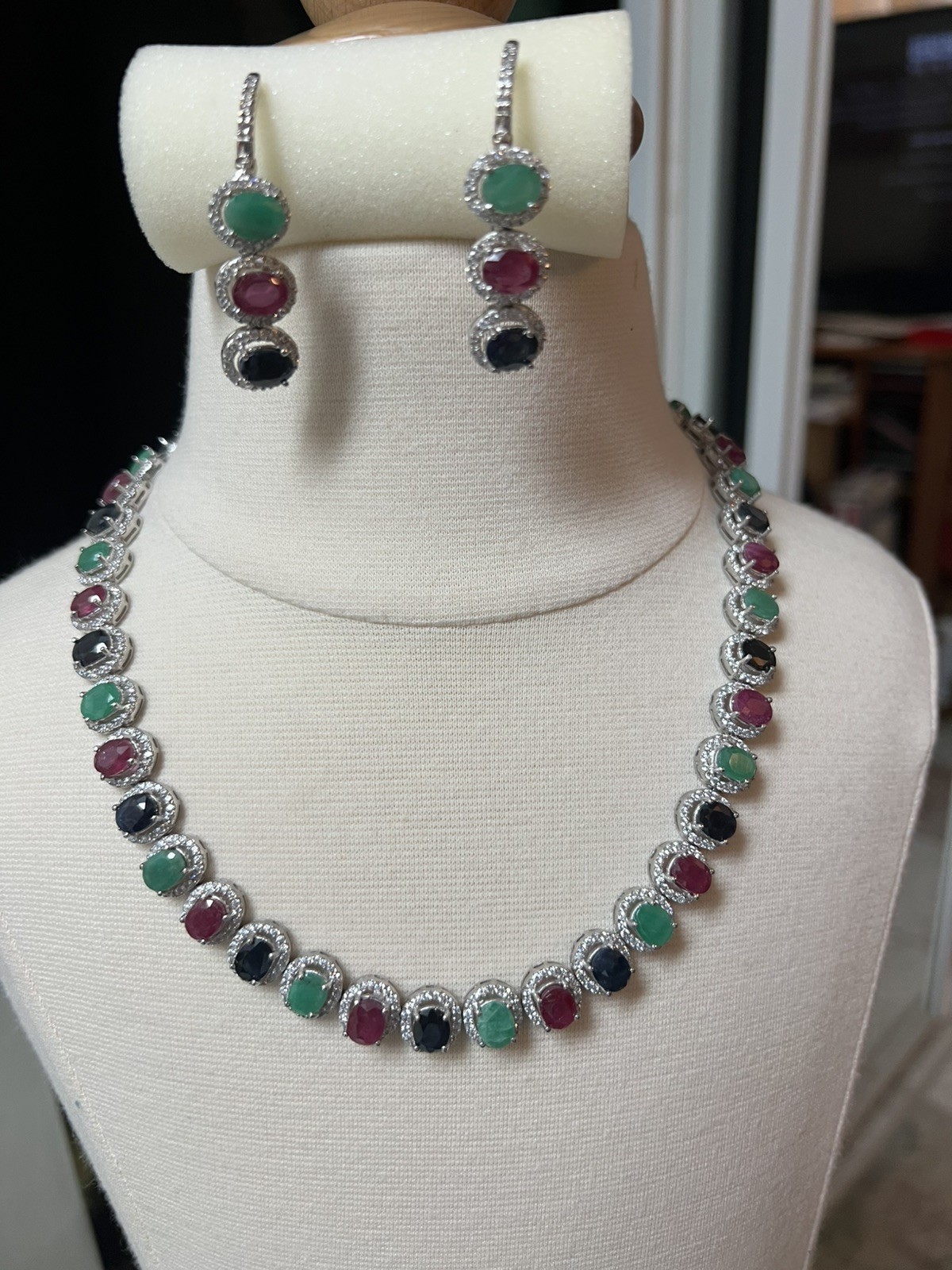 Cocktail Party Sterling Silver Red Green Blue Earring Necklace B/Rings Set Women