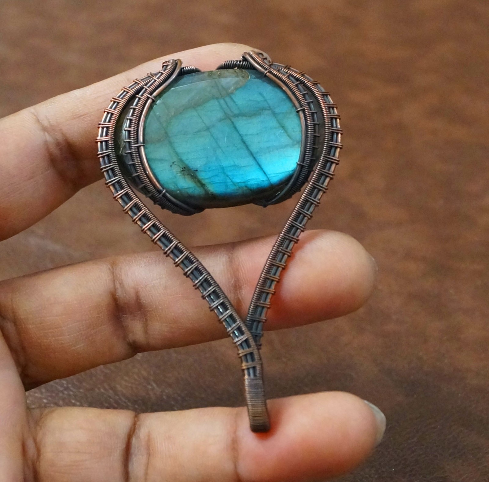 Blue flash Labradorite Copper Pendant Natural Gemstone Handmade Jewelry (PD-33