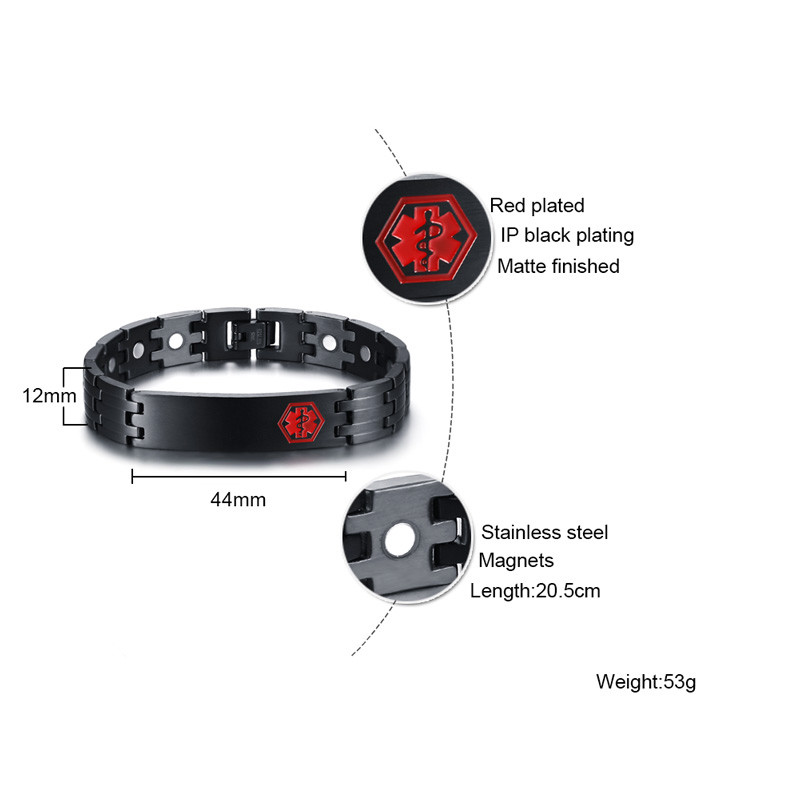 Magnetic Health Medical Alert ID Men Bracelet Free Engrave Stainless Steel Black