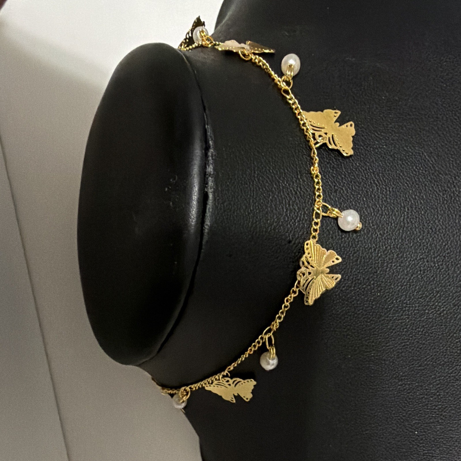 Gold Filled Butterfly Charm Anklet White Round Pearl Beads & Dangles