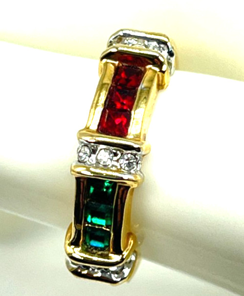 Ring Gold Tone Red, Green, & Blue Crystals w/Bands of Clear Crystal Accents S5