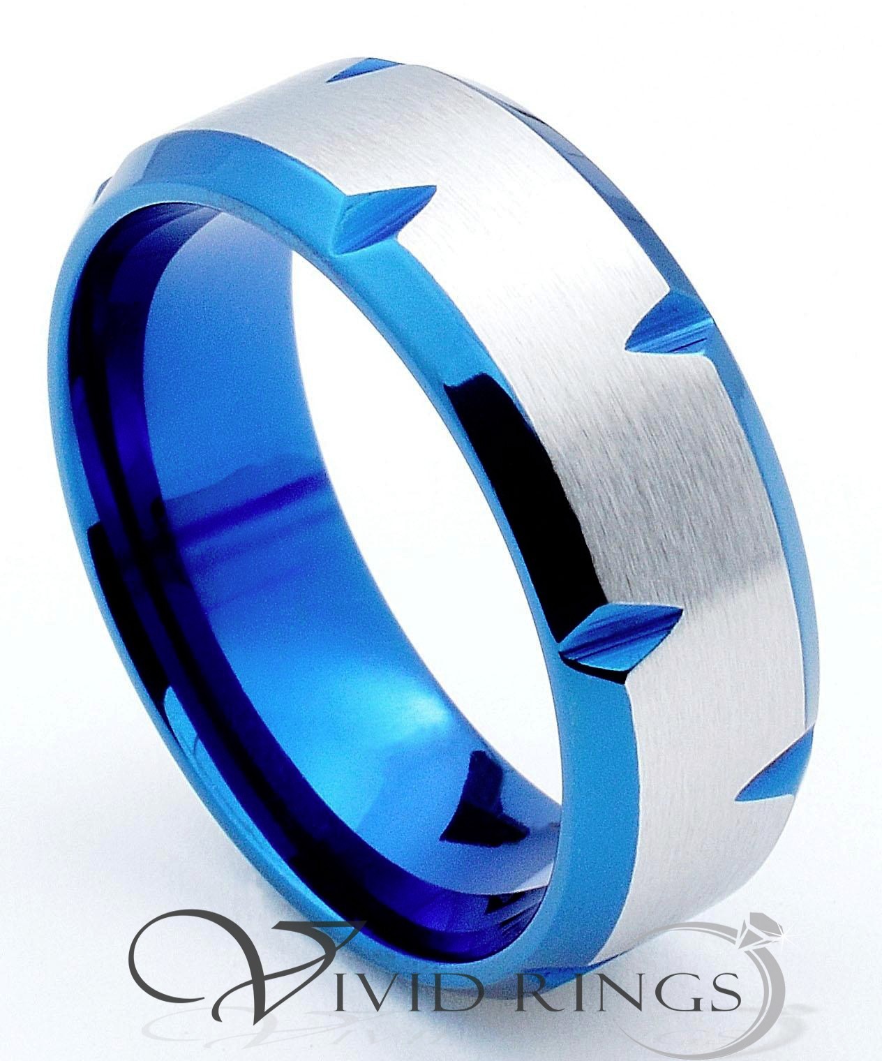 Men Stainless Steel Ring Blue Edge Faceted Band 316L 8mm Size 7 to 15