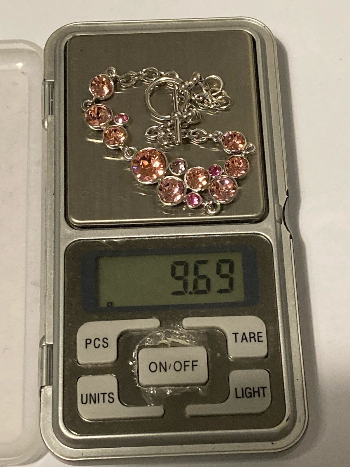 Silver Tone T Bar Bracelet Pink Sparkly (Swarovski Crystal?) Stones 7.5″ (9.69g