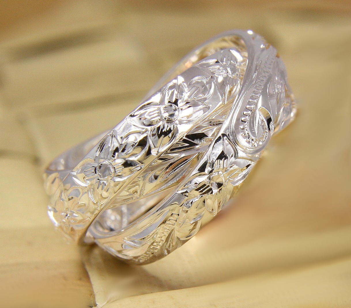 STERLING SILVER 925 3 IN 1 HAWAIIAN ENGRAVED PLUMERIA SCROLL MAILE LEAF RING
