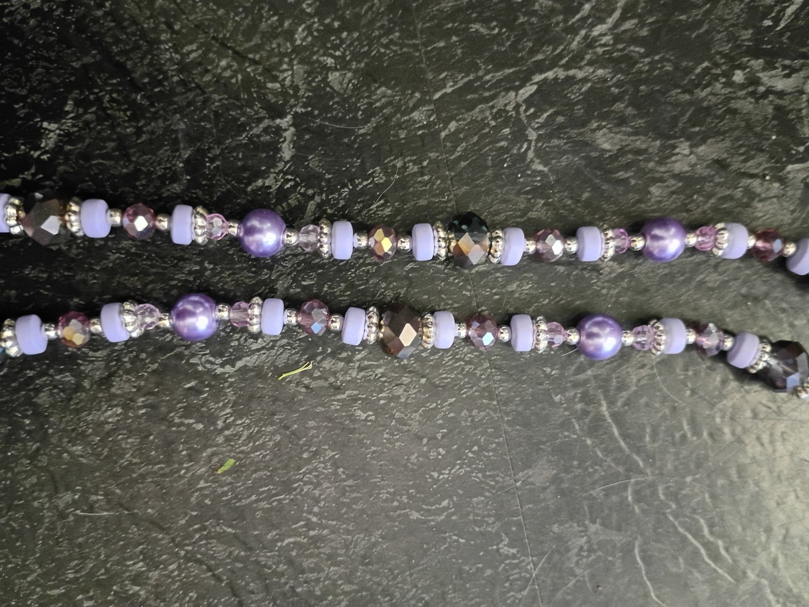 Handmade, Purple Glass Beaded Ball Chain Necklace w/ Silver Cross Charm Pendant