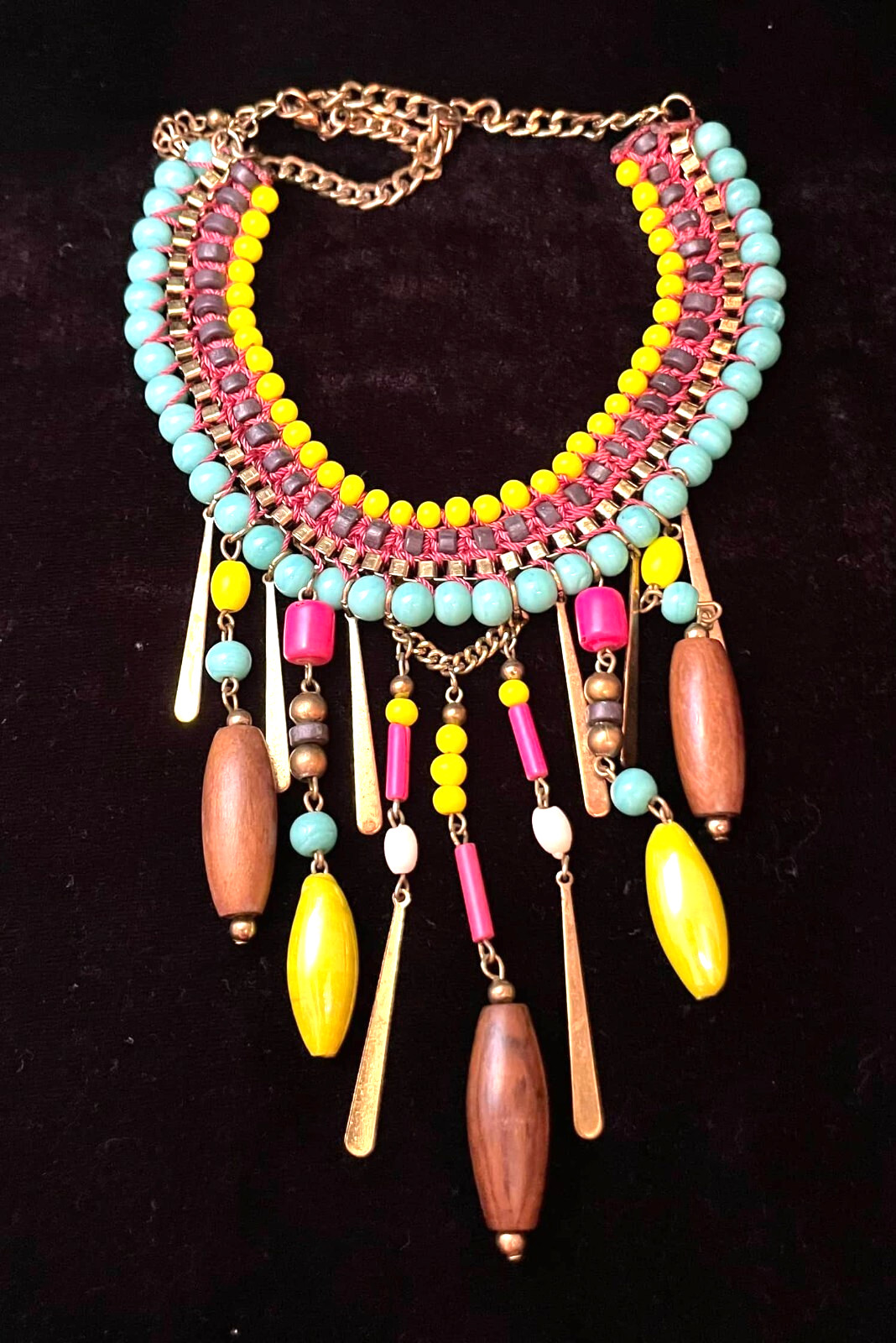 Boho Ethnic Statement Dangle Necklace Fringe Artsy Beachy Bright Multicolor VTG