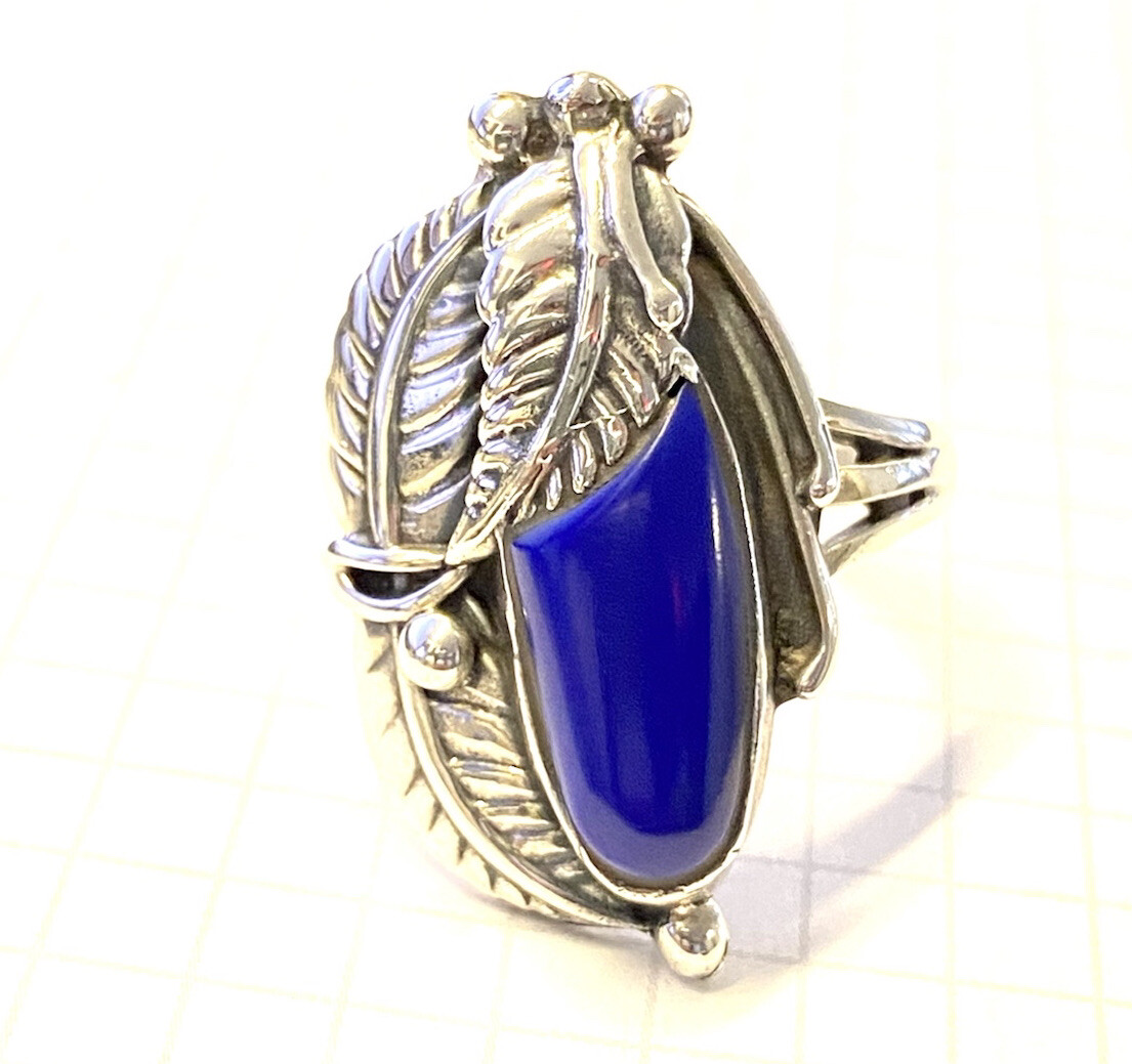 (SIZE 5,6,8,9) LAPIS LAZULI Stone RING Carved Feathers 925 STERLING SILVER