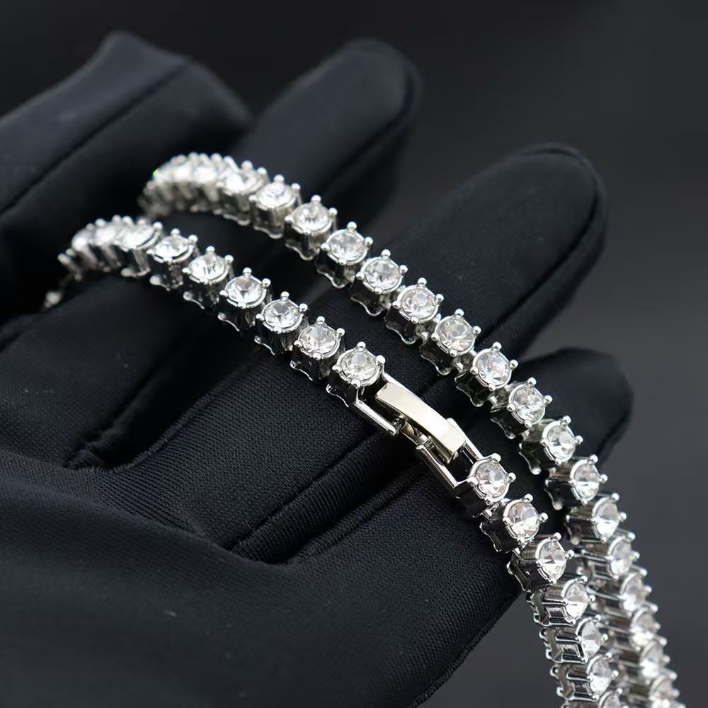 Silver Layer Tennis Chain Cross Pendant Hip Hop Unisex Bling Layering Necklace