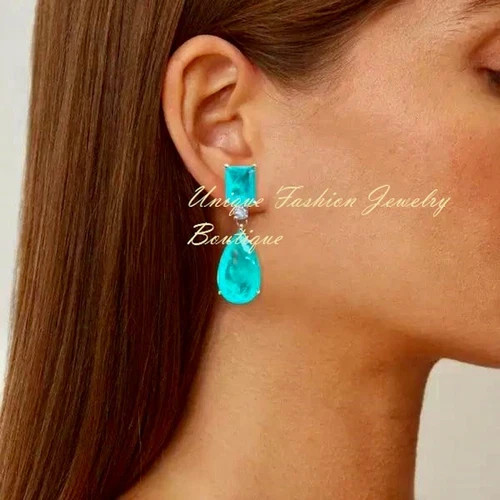 8 CTW Paraiba Tourmaline Drop Earrings Wedding Jewelry Gift 18K Platinum Plated