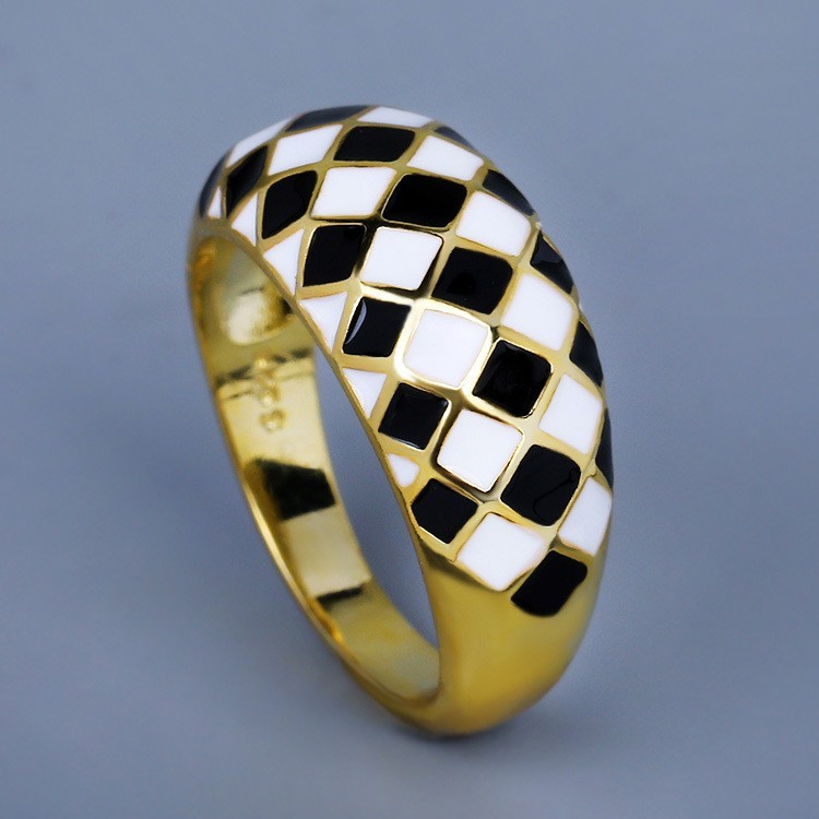 Black White Checkerboard Enamel Ring, Trendy Geometric Band, for Daily Party