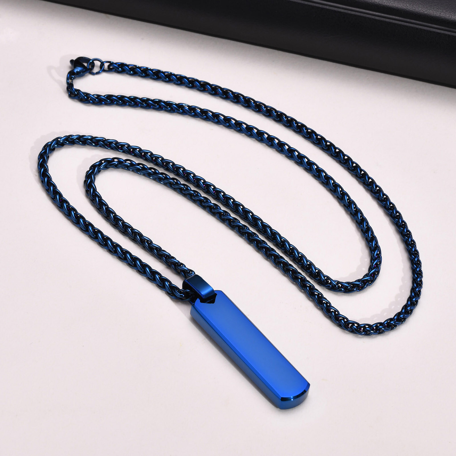 Men Blue Rectangular Bar Necklace Stainless Steel Simple Pendant Wheat Chain 24′