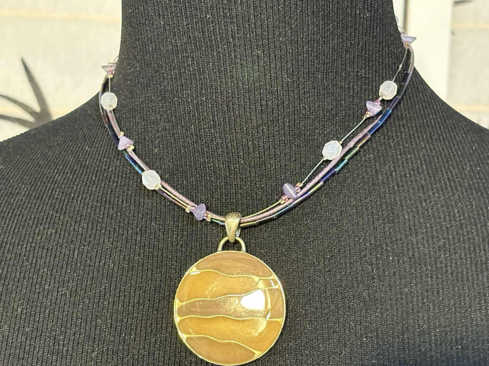 Multi-Strand Beaded Choker Necklace with Large Pendant. FREE SHIPPING