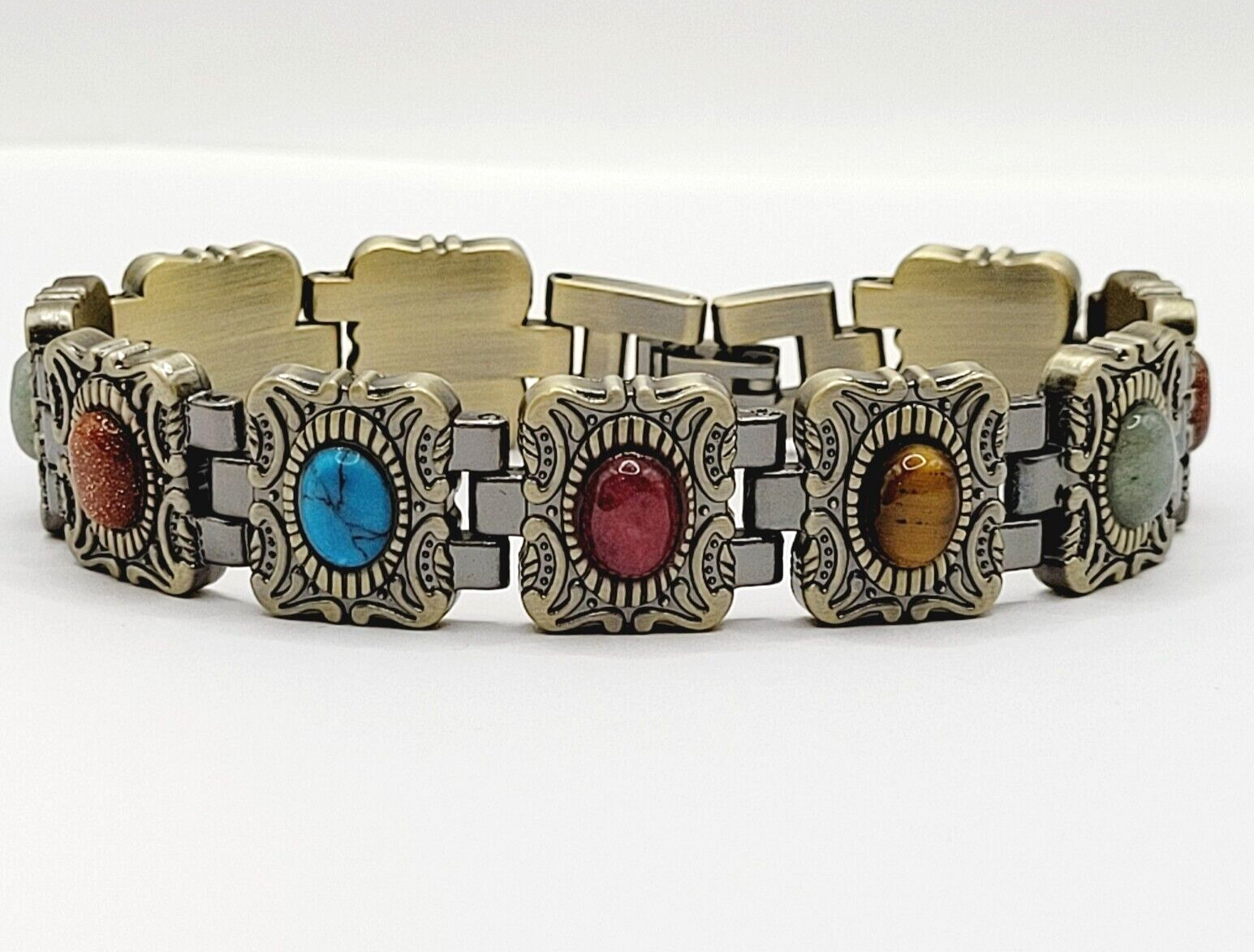 Ornate Western Style Multi Color Faux Gemstone Muted Gold Silver Tone Bracelet