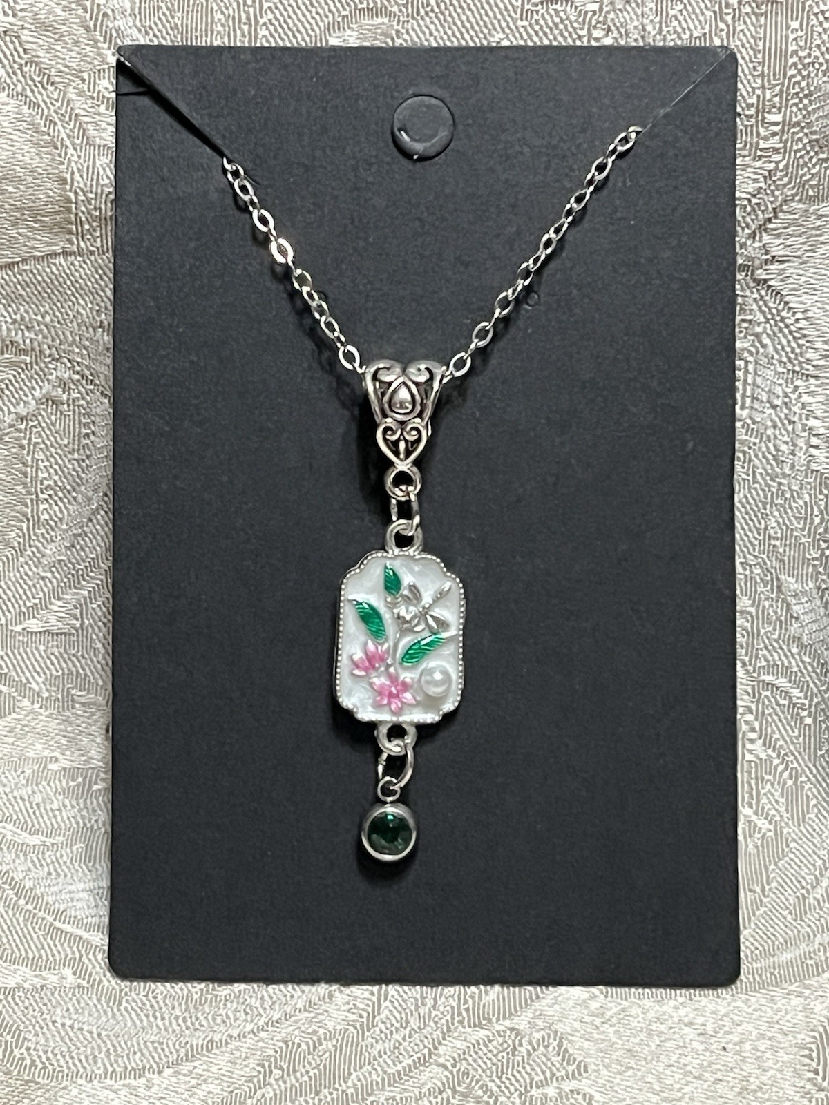 Retro Floral Gem Enamel Pendant Silver 18” Necklace Bohemian Floral Novelty