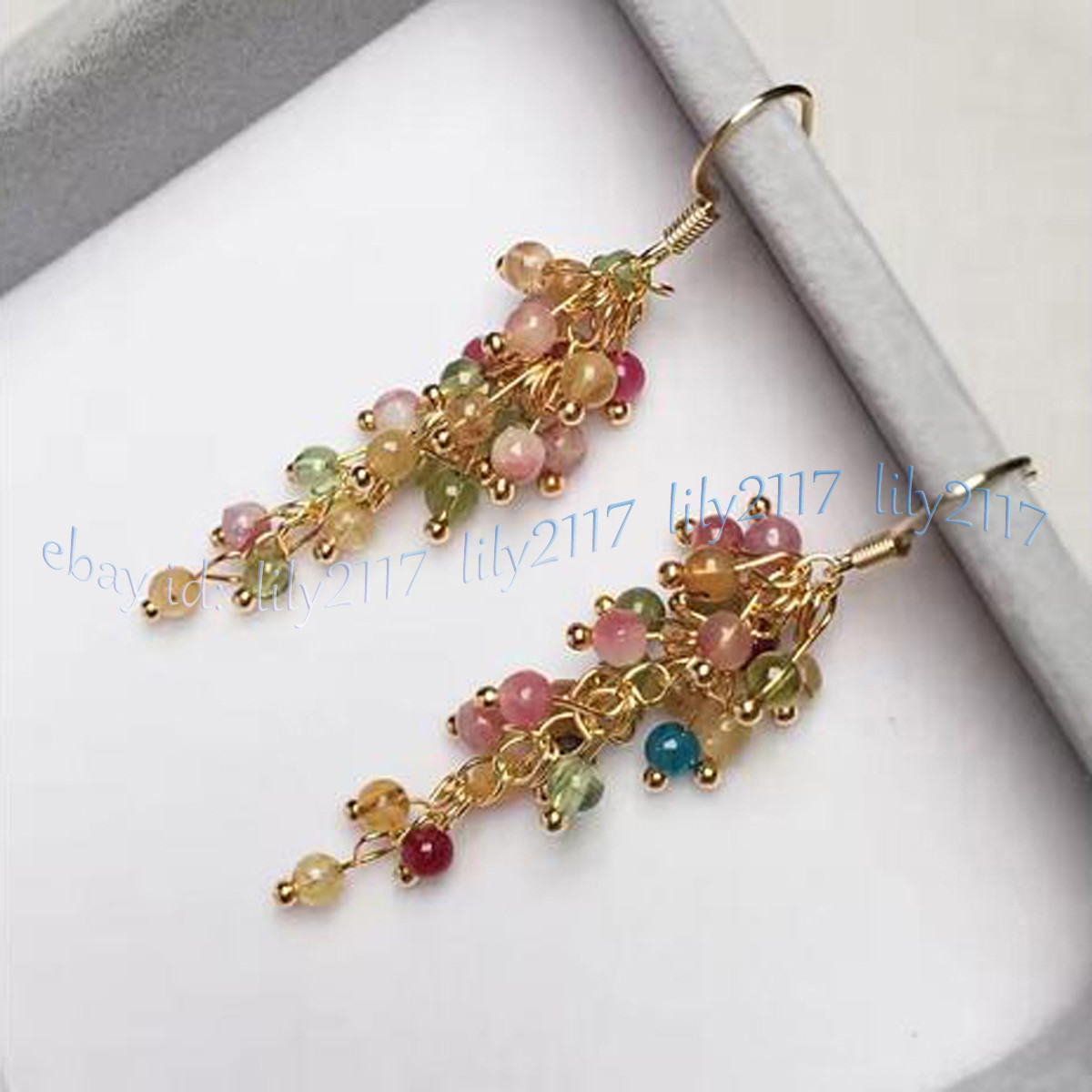 4mm Natural Multicolor Tourmaline Round Gemstone Beads Cluster Dangle Earrings