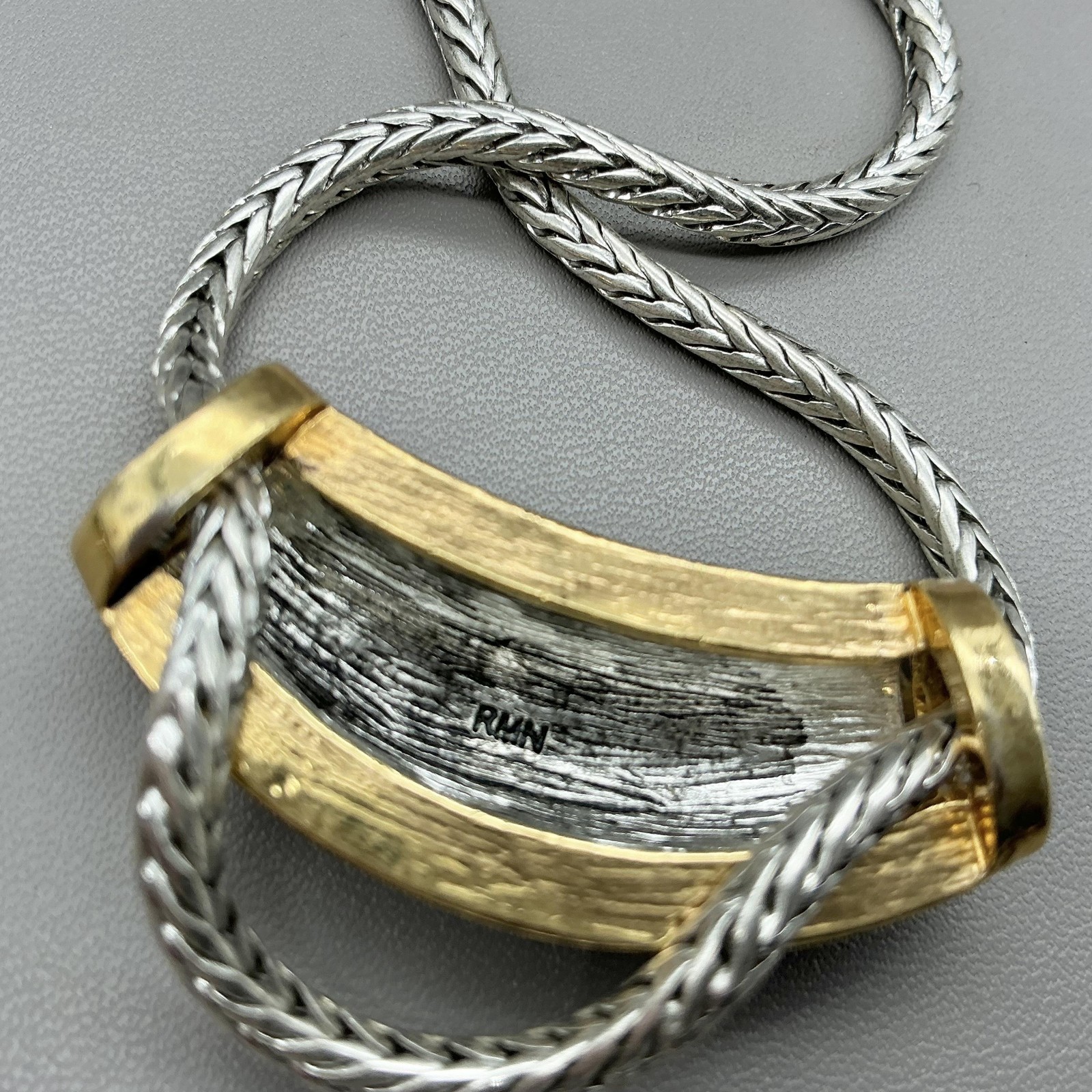 Roman Necklace Statement Silver Tone Gold Accents Curved Pendant Lobster Clasp