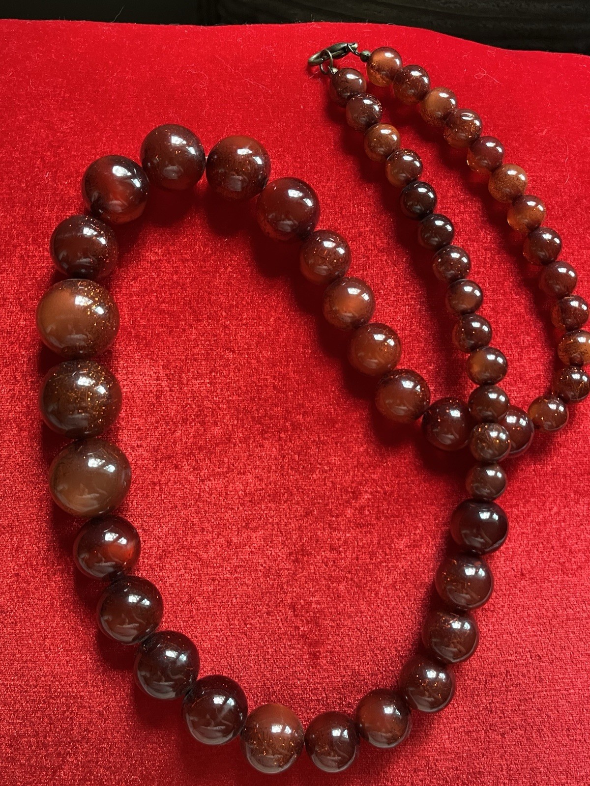Vintage Graduated Red Resin Bead Necklace Faux Goldstone Flakes Retro Boho