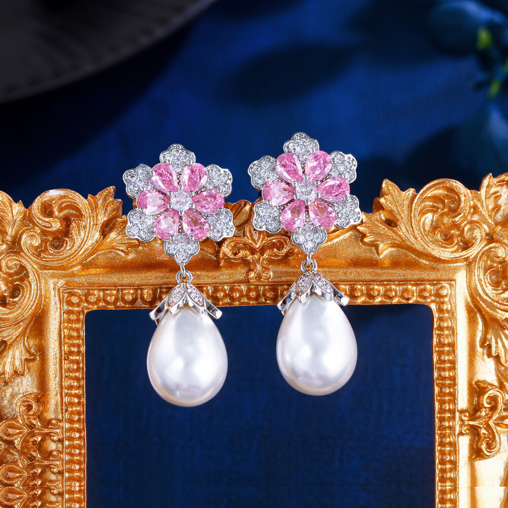 Beauty Silver Plated Cubic Zircon Ladies Pink Flower Pearl Dangle Drop Earrings