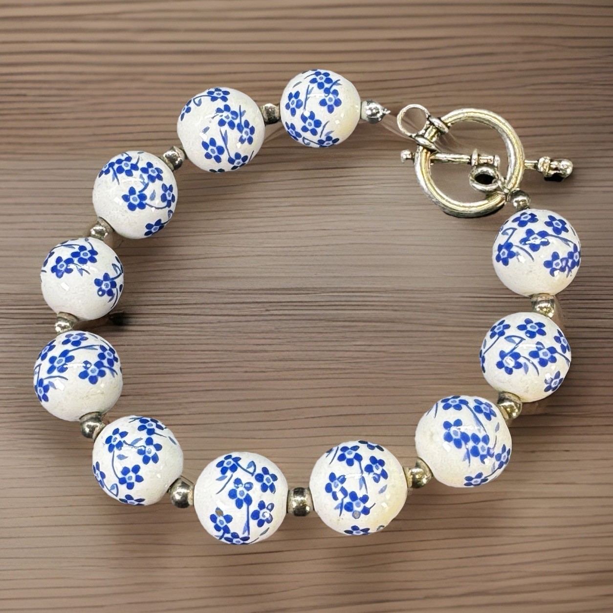 China Blue & White Porcelain Beads Toggle Clasp Bracelet Cottagecore Grannycore