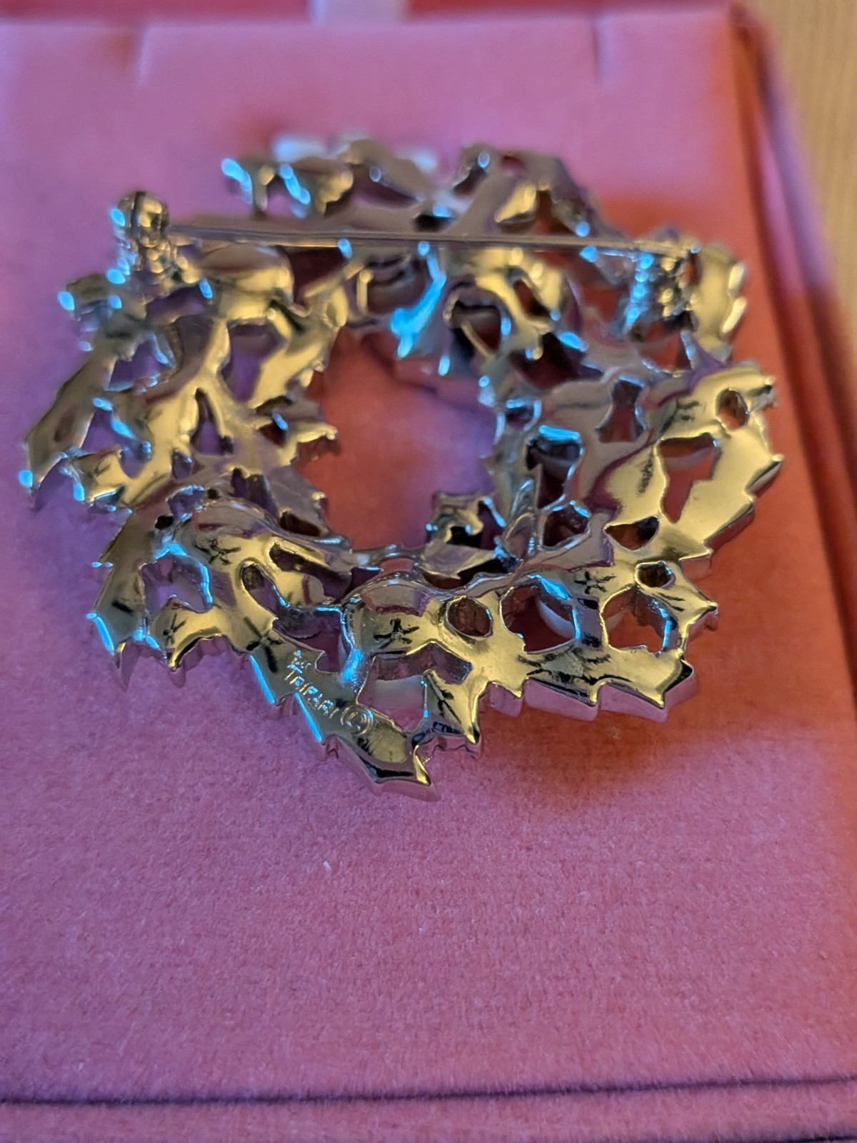 Trifari Wreath Brooch Pin Imitation Pearl Rhinestone Silver Tone 2 in