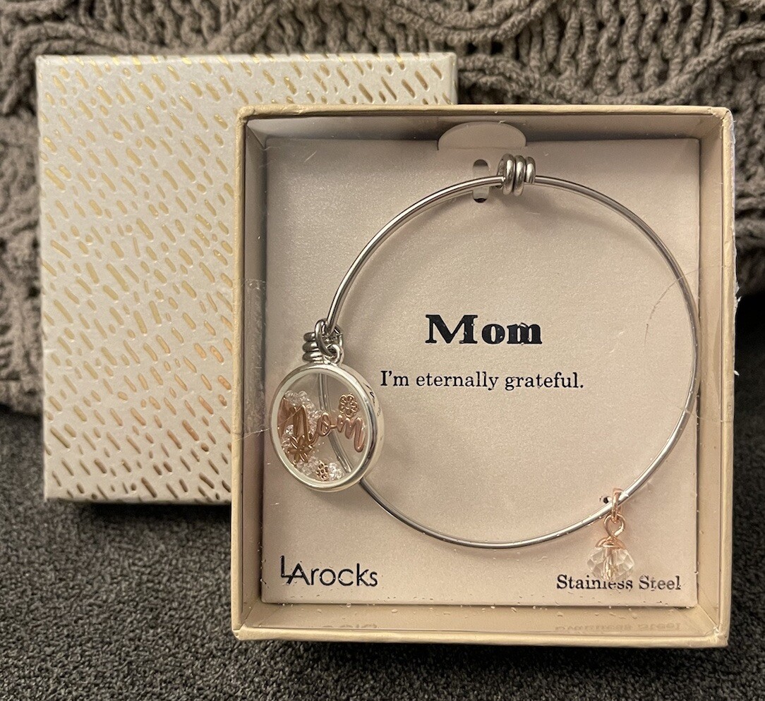 New Sealed Box LA Rocks Stainless Steel Bangle “Mom” Rose Gold & Silver Color