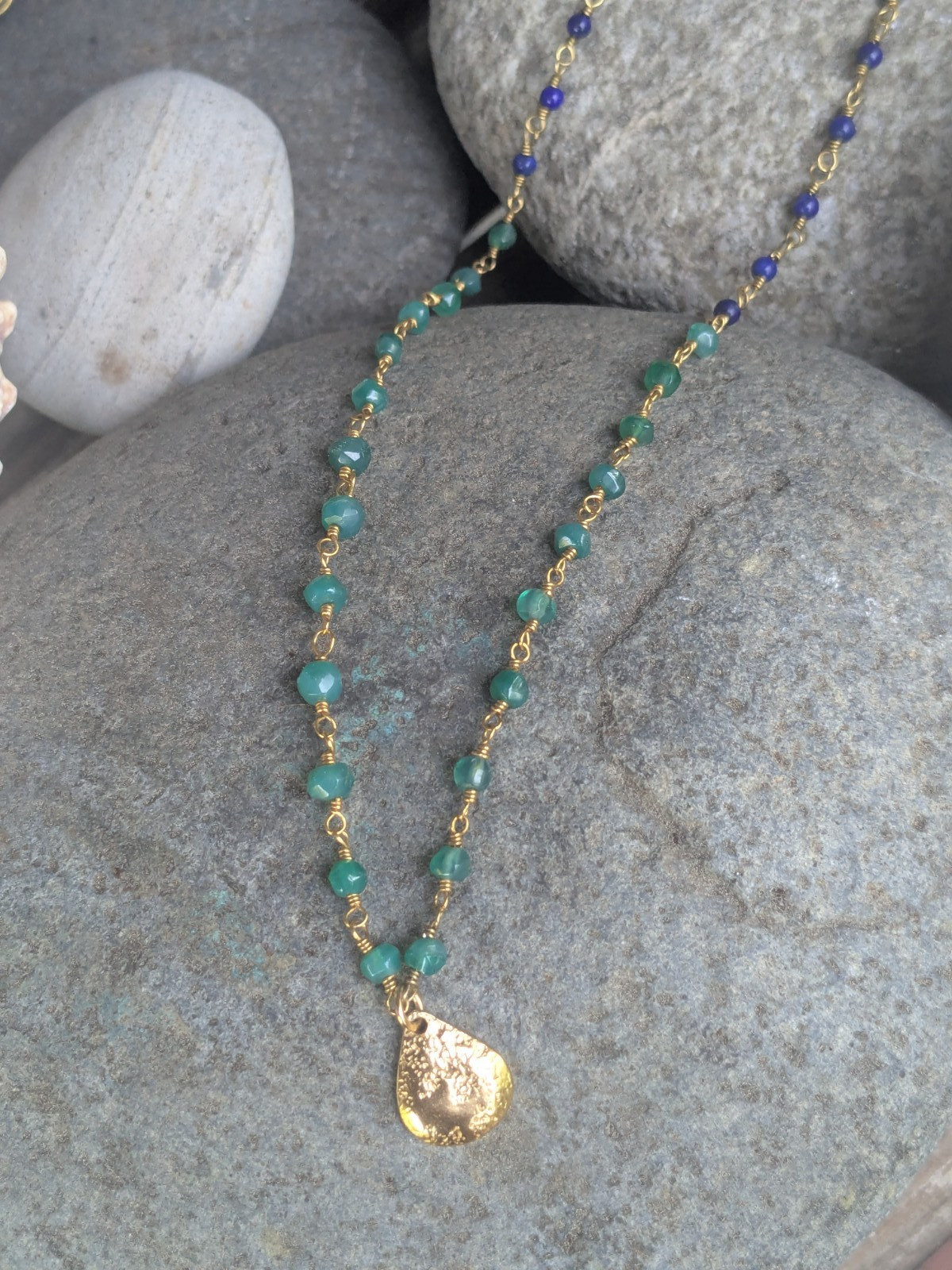 Stella and Dot rosary chain necklace green blue goldtone 16″ 18″ layering fairy
