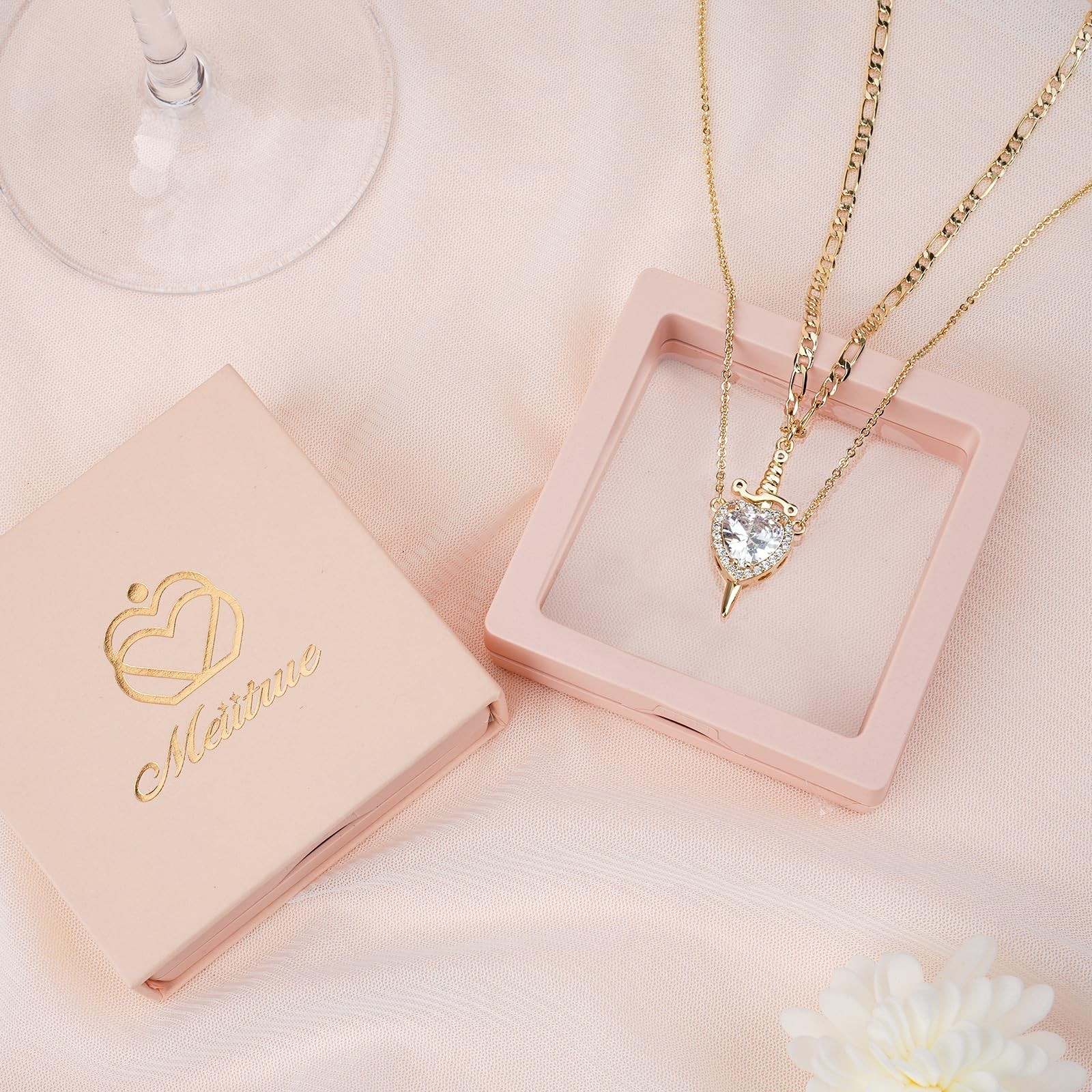 Couples Matching Necklace Set – 14K Gold/Silver Plated Sword & Heart Pendants, D