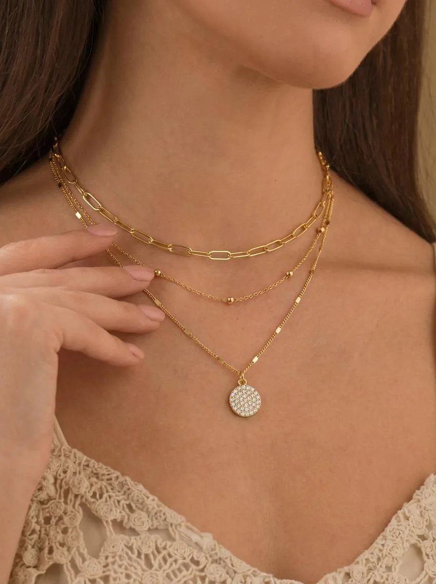 Layered Gold Necklace Stack for Women, 18K Gold Plated Stainless Steel Hypoaller