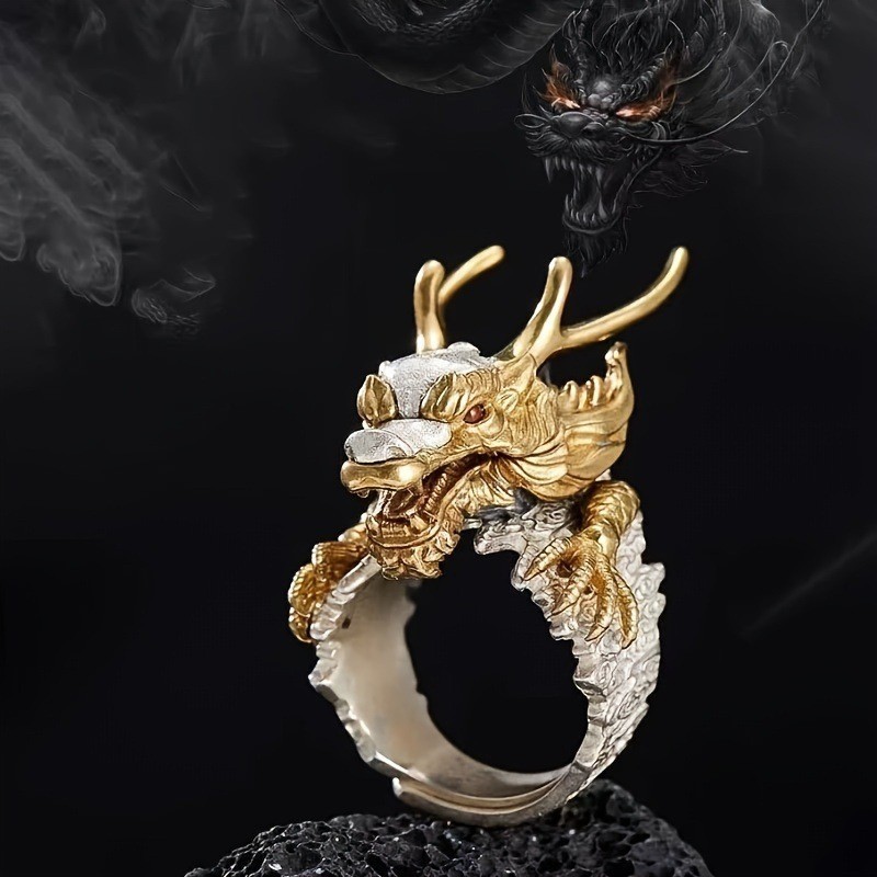 Vintage Style Chinese Style Dragon Adjustable Ring Men Open Finger Ring