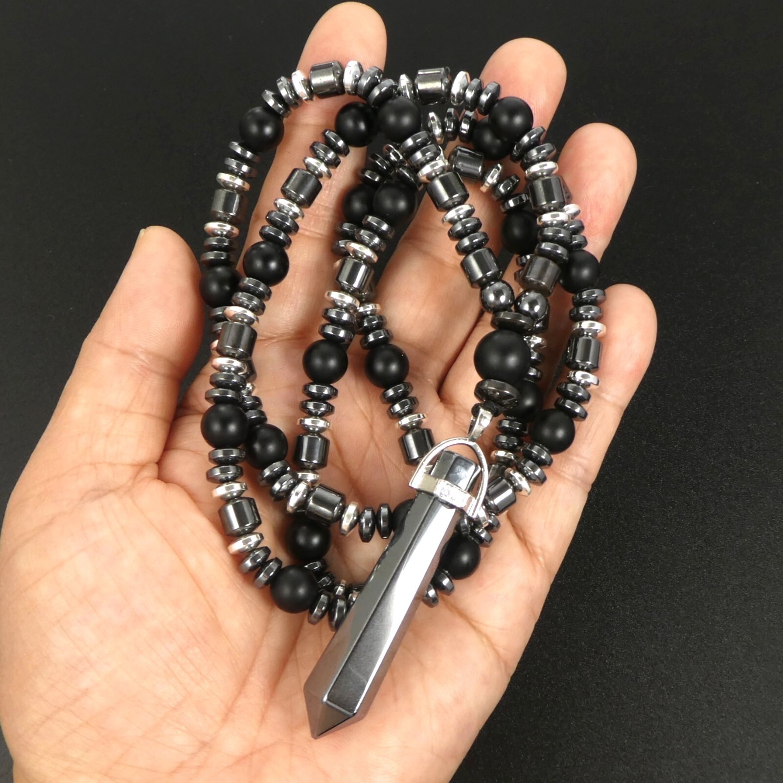 Matte Black Onyx Pointed Hematite Crystal Pendant 29″ Long Necklace Man Gift