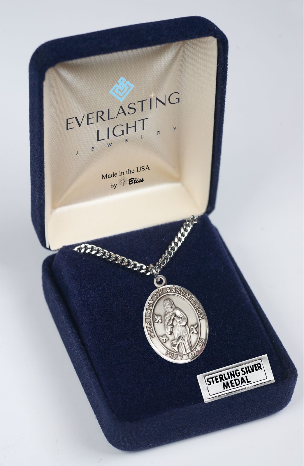 Sterling Silver Our Lady of Assumption Medal 24″ Lobster Claw Chain Necklace