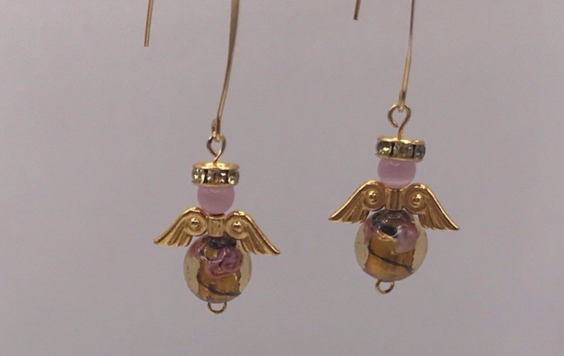 Handmade w/Angel Earrings Pink Cats Eye Murano Gold Round Bead Wings