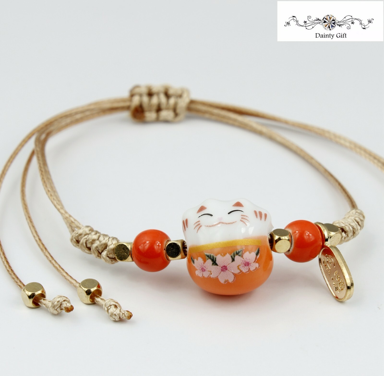 Girl Women Luck Ceramic Fat Flower Cat / Kitty Animal Adjust Rope Bracelet 4-11″
