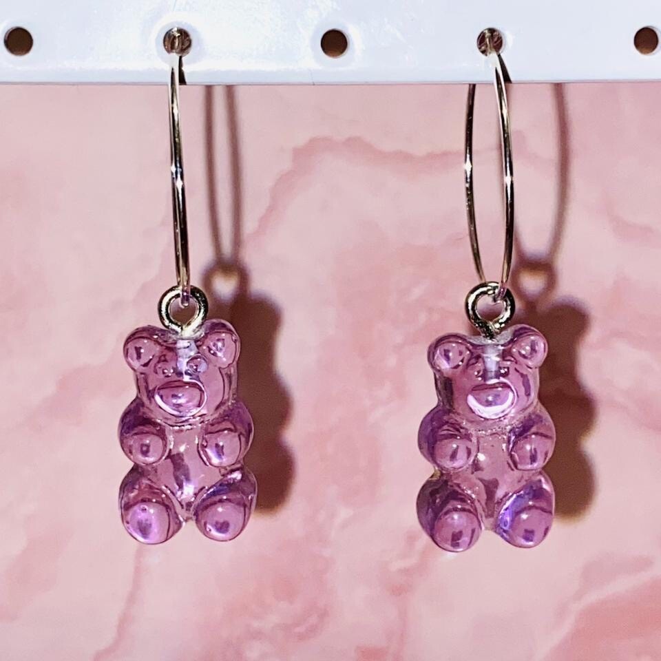Gummy bear earrings with silver plated hoops or hooks red blue pink white black