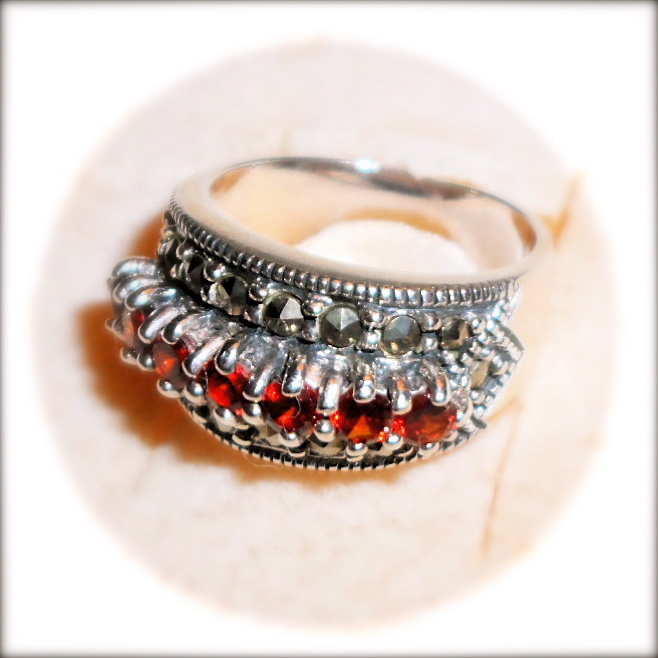 (SIZE 6,7,8,9) Fire Orange GARNET STONES RING Marcasite .925 STERLING SILVER