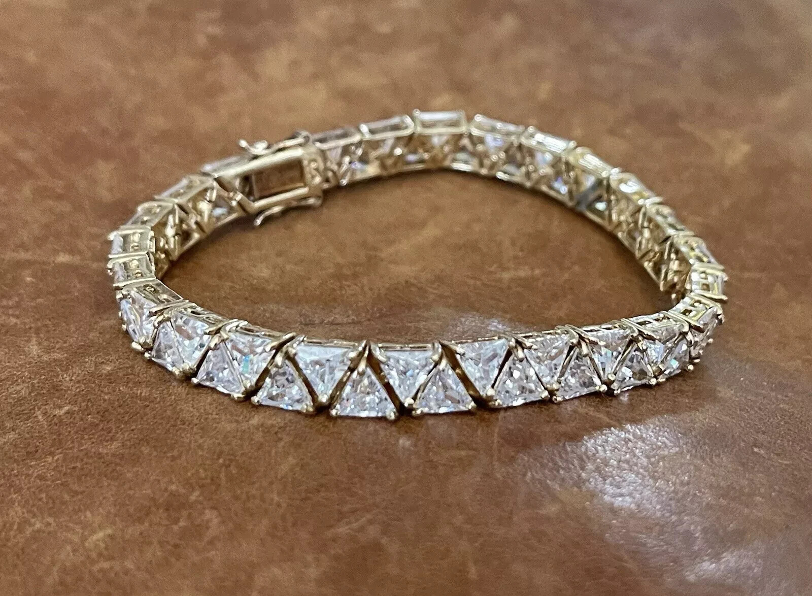 7.76 Ct Trillion Cut Simulated Diamond Tennis Bracelet 14K Yellow Gold Plated