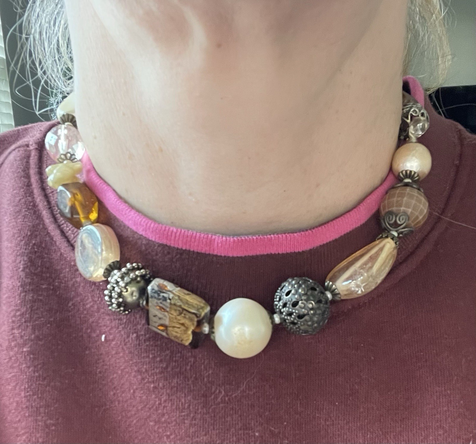 Vintage Signed Treska SilverTone Multicolor Mixed Materials Glass Beads Necklace