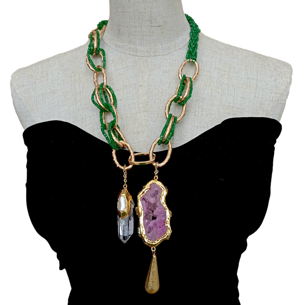 Green Crystal Necklace Fuchsia Agate Slice White Quartz Biwa Pearl Point Pendant