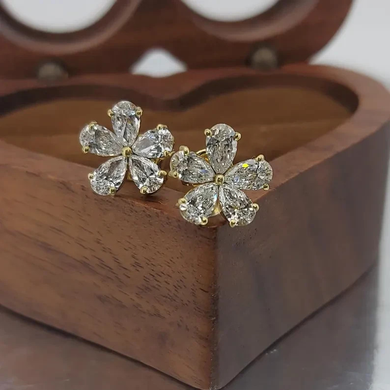 2CT Pear Cut Simulated Diamond Women Flower Stud Earrings 14k Yellow Gold Plated