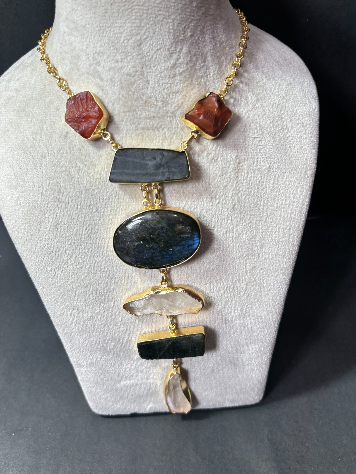 Multi Necklace carnelian Rough Labourdite Rough Necklace Long Jewelry.