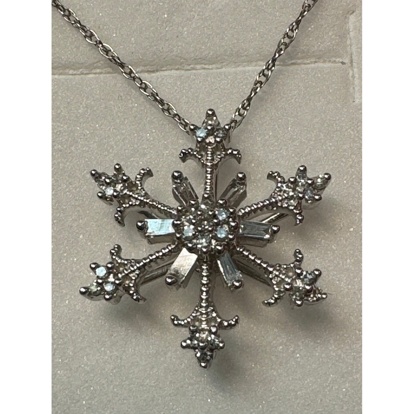 10 Karat Gold, Diamond, Baguette, Snowflake Necklace