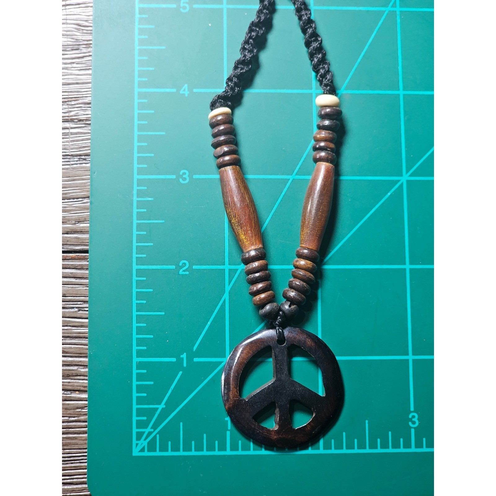 Vintage Wood Peace Sign Necklace Boho Beaded Cord Pendant