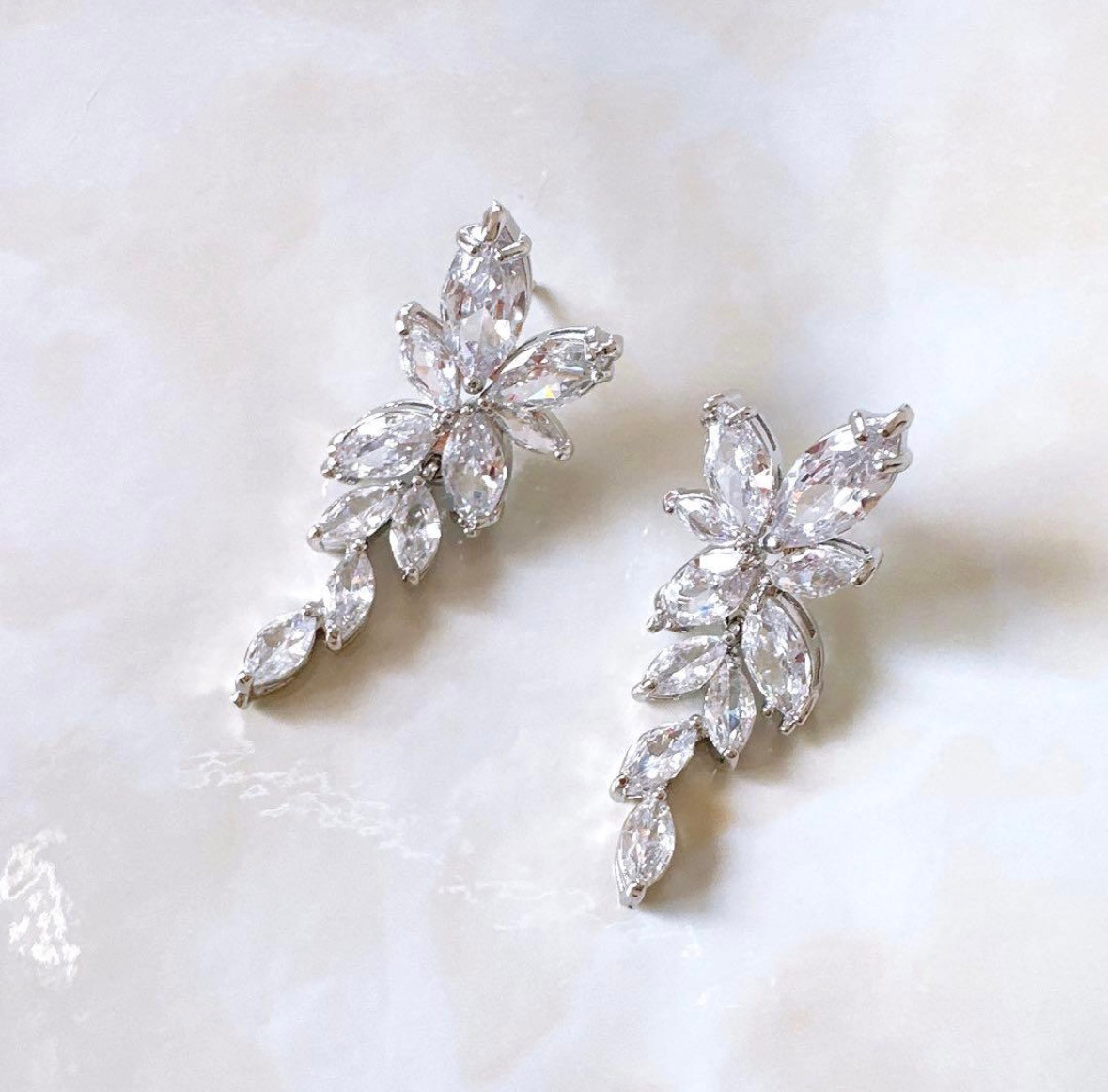 Crystal Floral Drop Earrings Bridal Wedding CZ Leaf Dangle Silver Women Jewelry