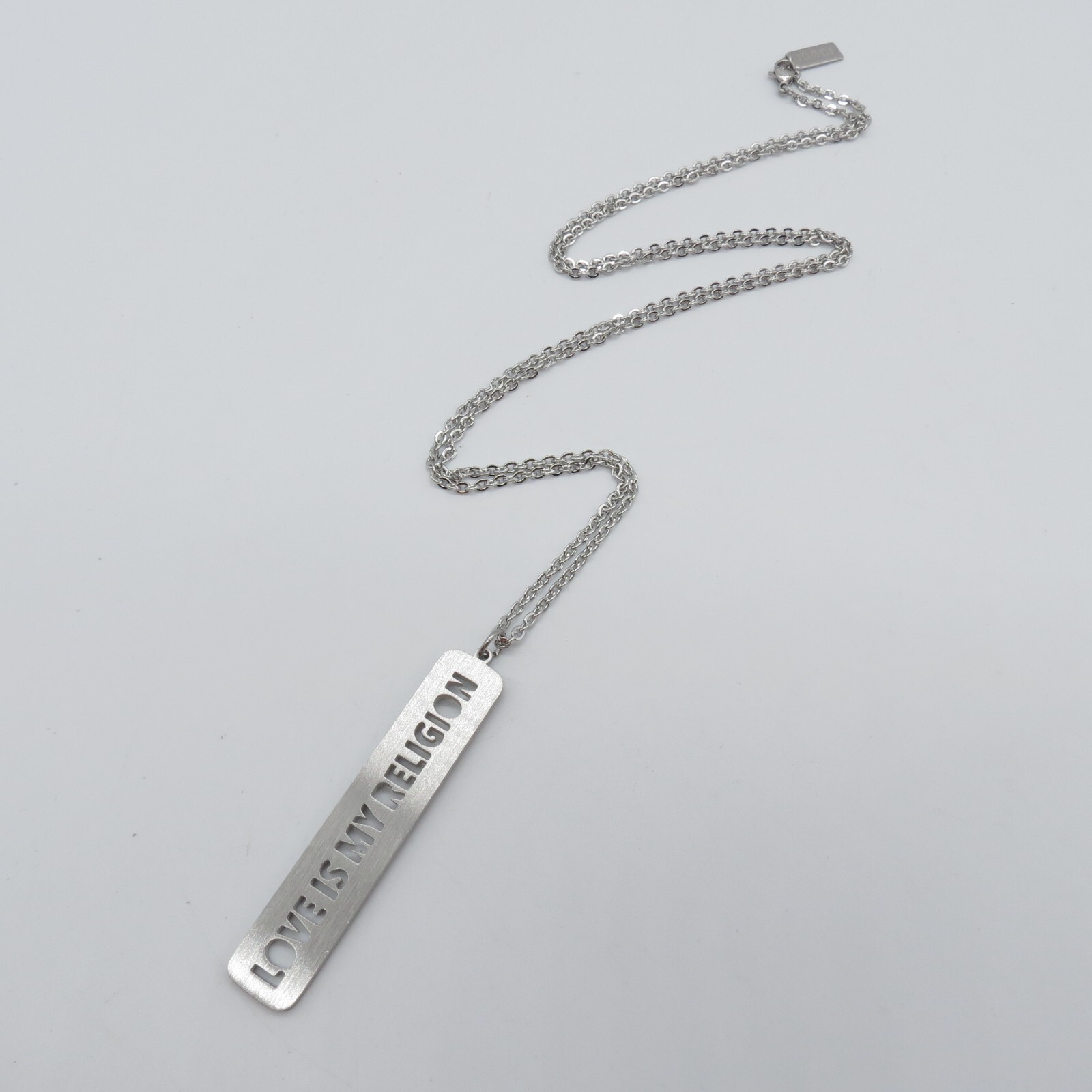 Love is My Religion Bar Pendant Necklace Silver Tone Everyday Jewel 28″